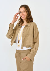 Short linen button-up with pockets that pop out brown