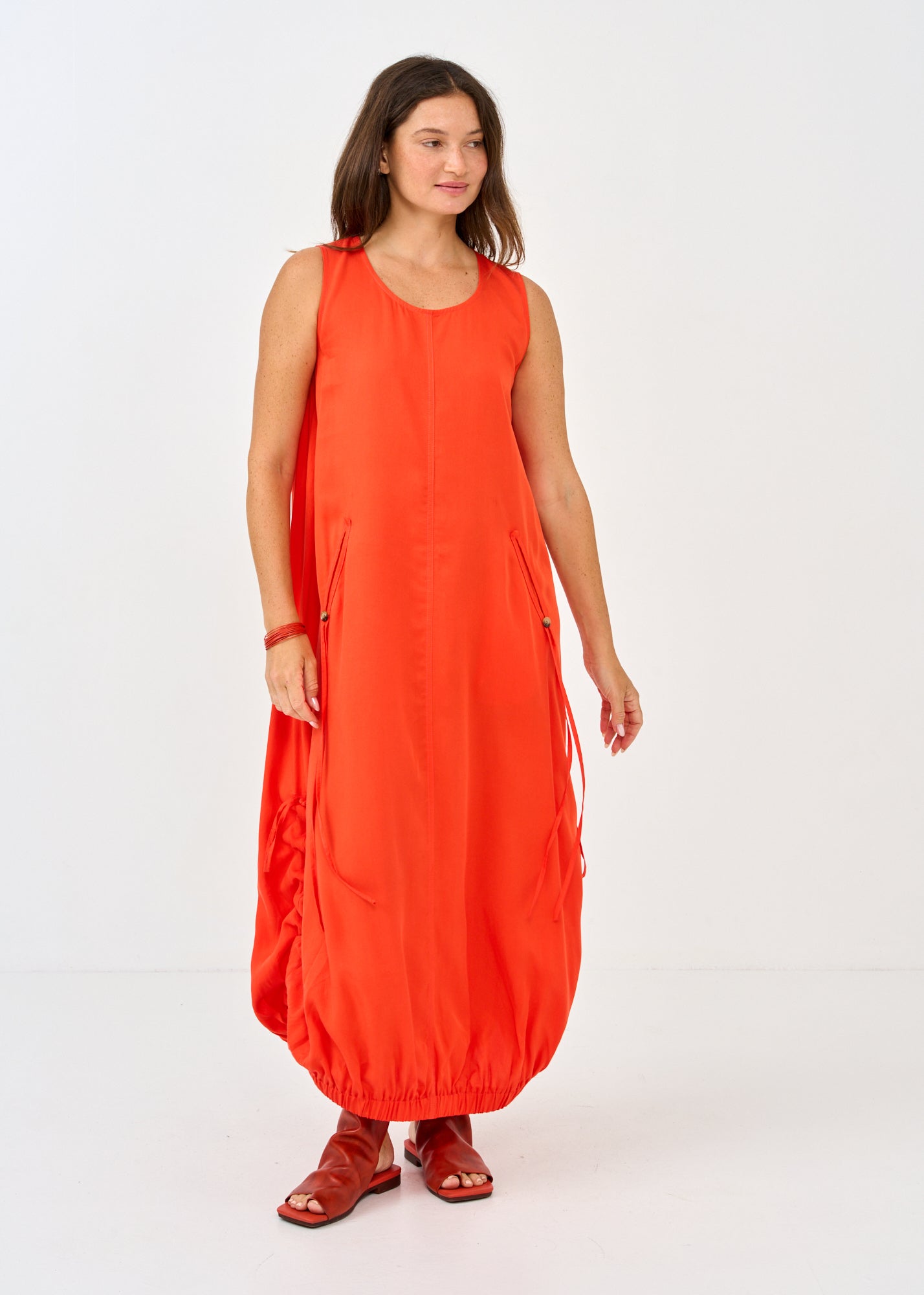 Red Button Pocket Balloon Sleeve Dress