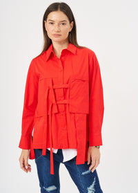 Куртка на пуговицах с квадратными карманами и красными лентами - 00