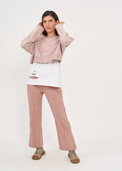 חולצה שרוול ארוך קצרצרה סיומת מקופלת ורוד ווש