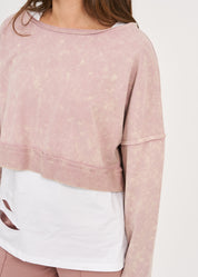 חולצה שרוול ארוך קצרצרה סיומת מקופלת ורוד ווש