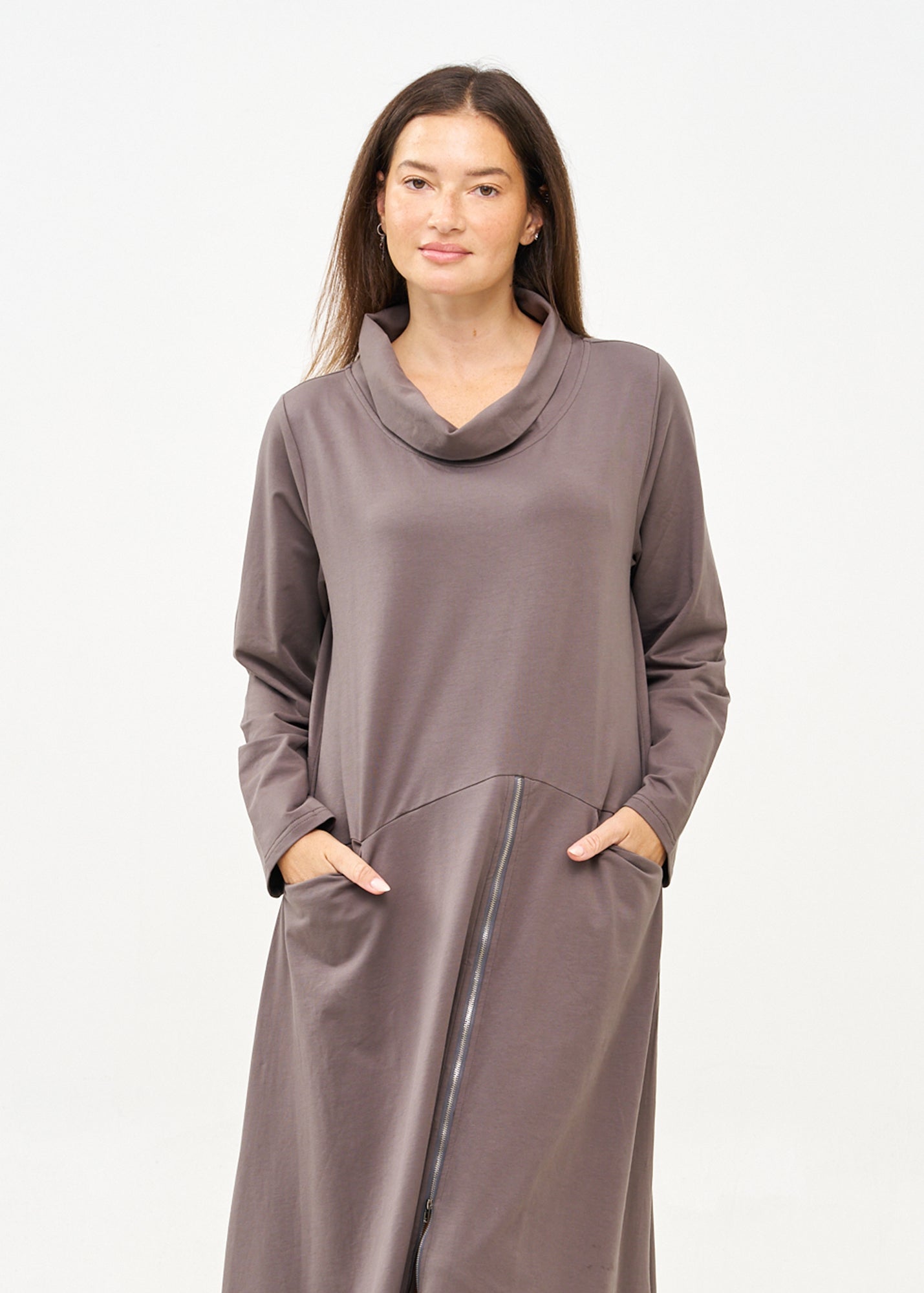 שמלה שרוול ארוך גולף ורוכסן אפור כהה