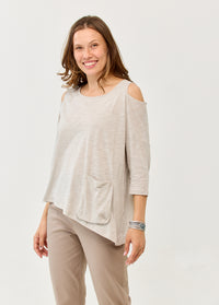 Light gray short-sleeved shirt with shoulder opening and pocket - 99