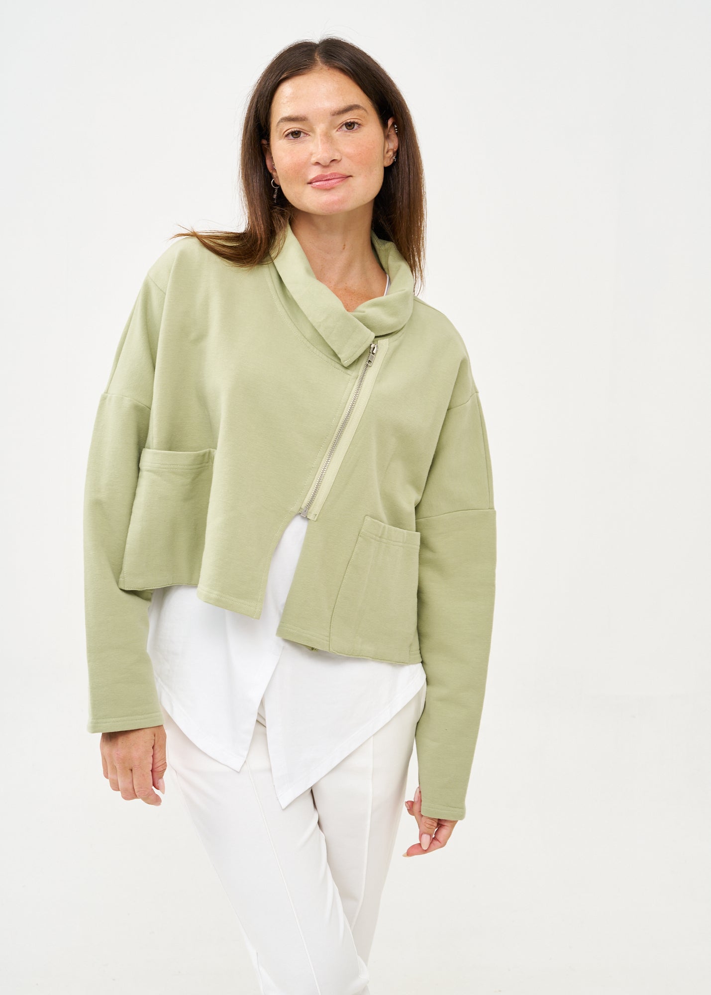 סווטשירט אסימטרי עם רוכסן ירוק