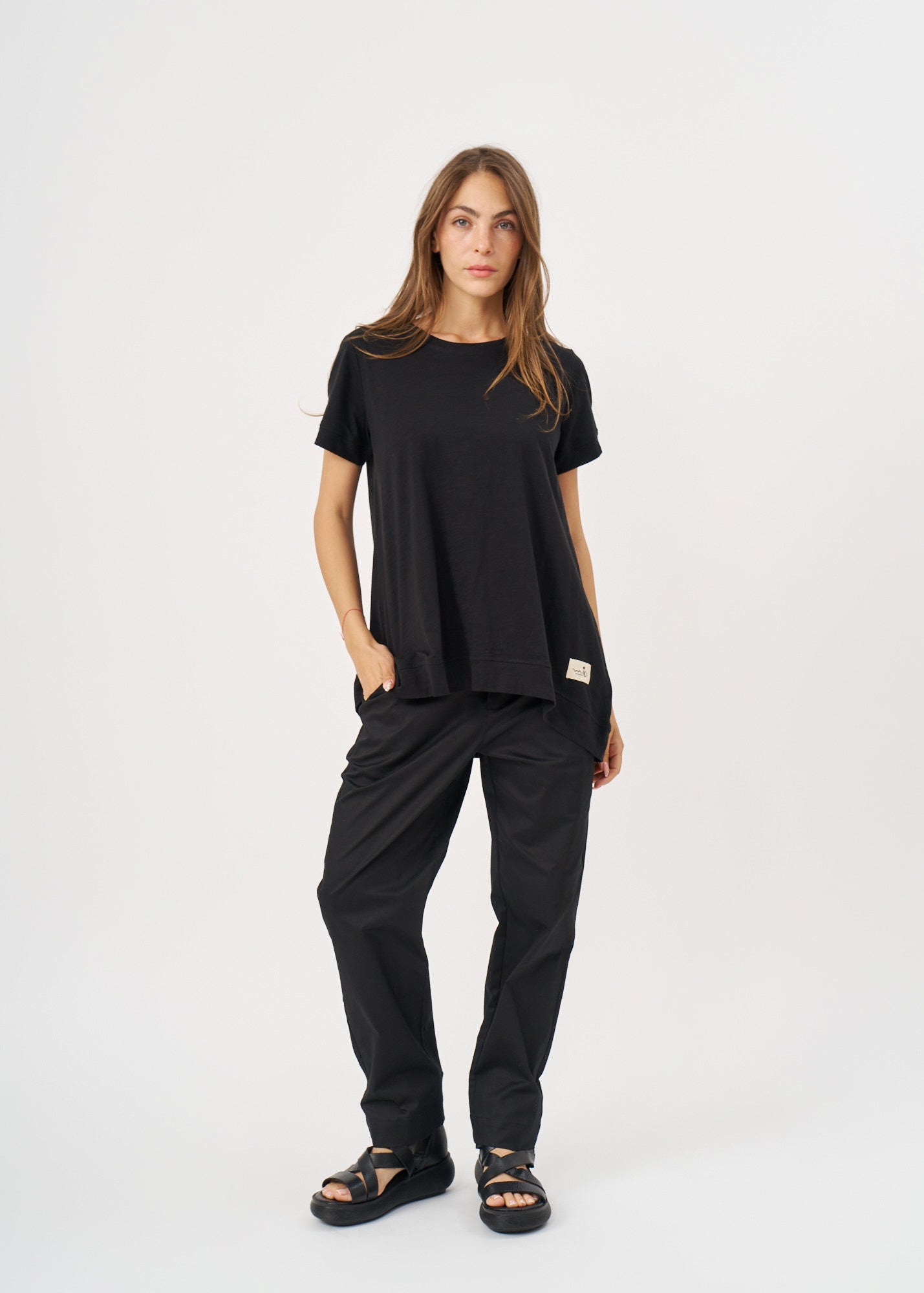 Black flared down short sleeve shirt
