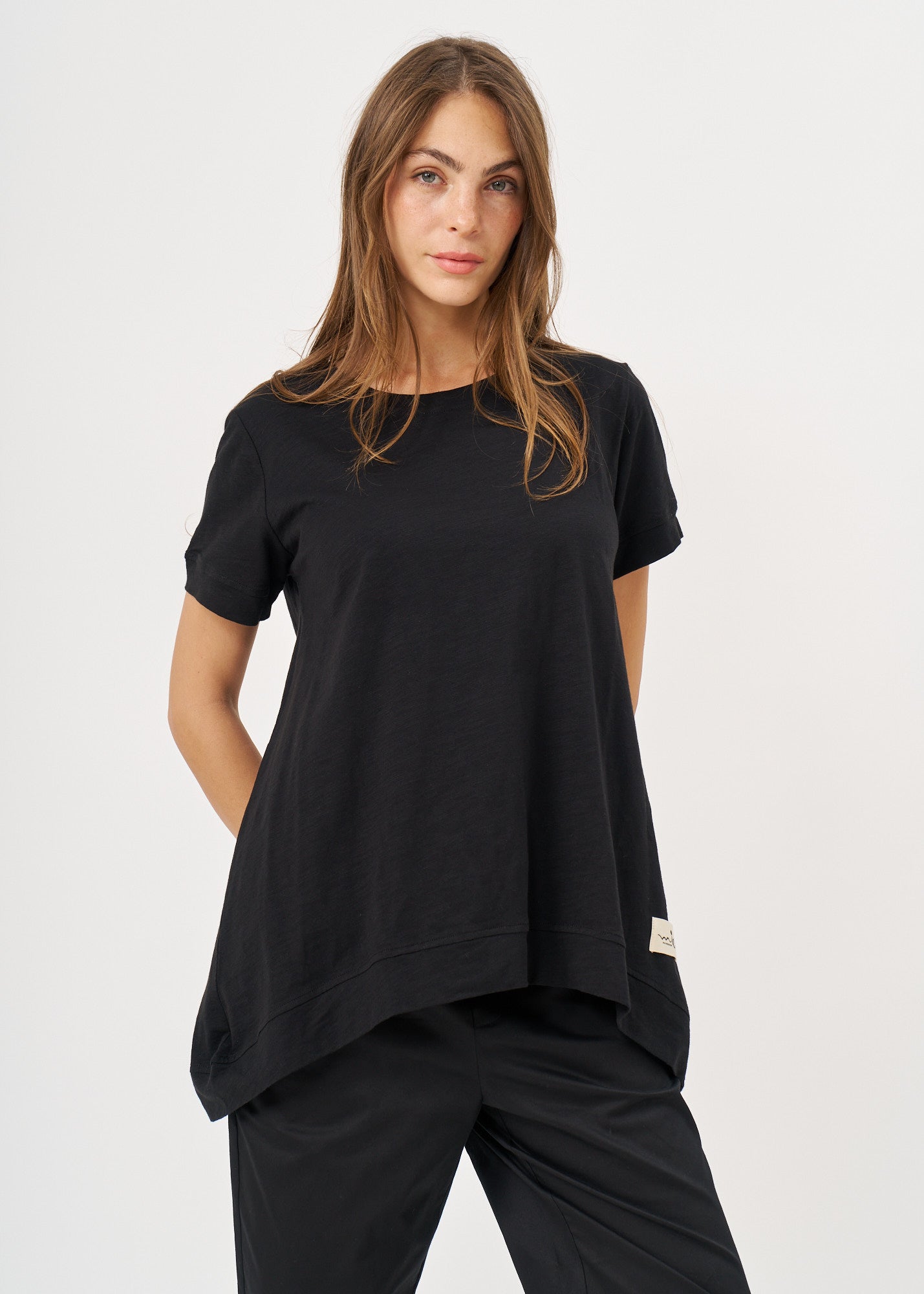 Black flared down short sleeve shirt