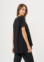 Black flared down short sleeve shirt
