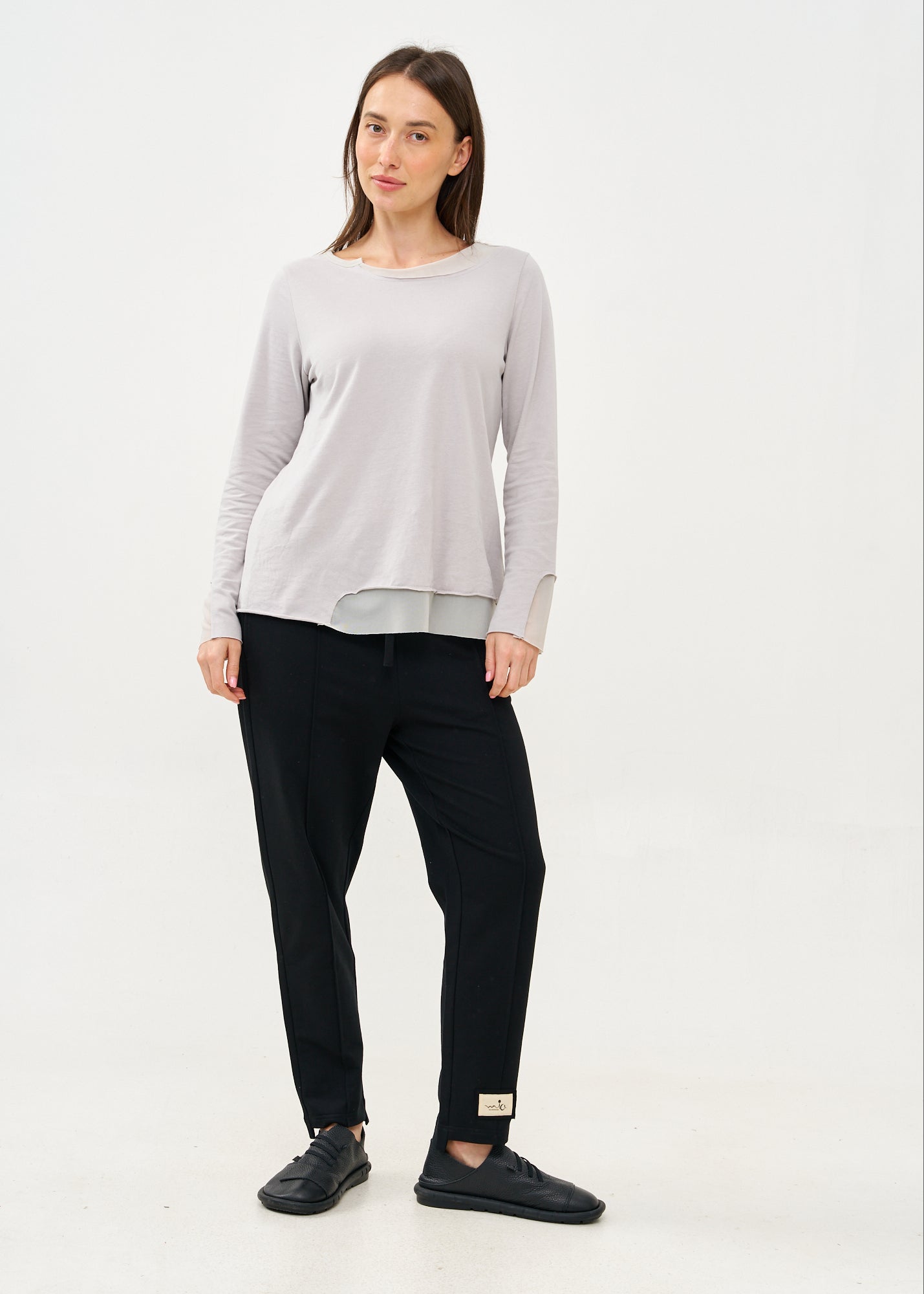 חולצה עם שילוב רשת שרוול ארוך אפור בהיר