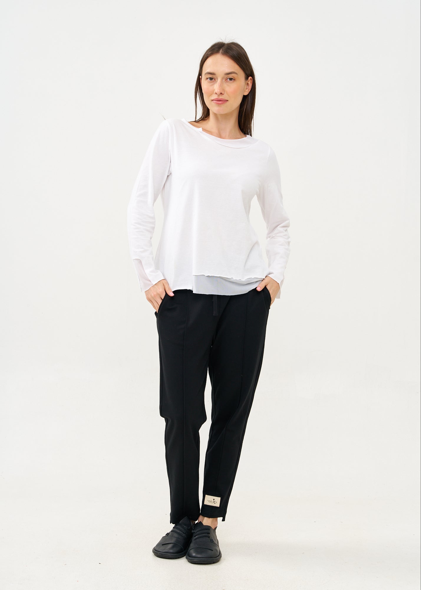 חולצה עם שילוב רשת שרוול ארוך לבן