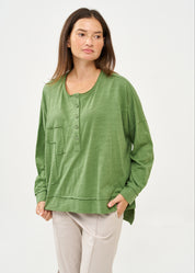 חולצה שרוול ארוך חצי כפתרה ודמוי כיס ירוק