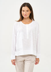 חולצה שרוול ארוך חצי כפתרה ודמוי כיס לבן