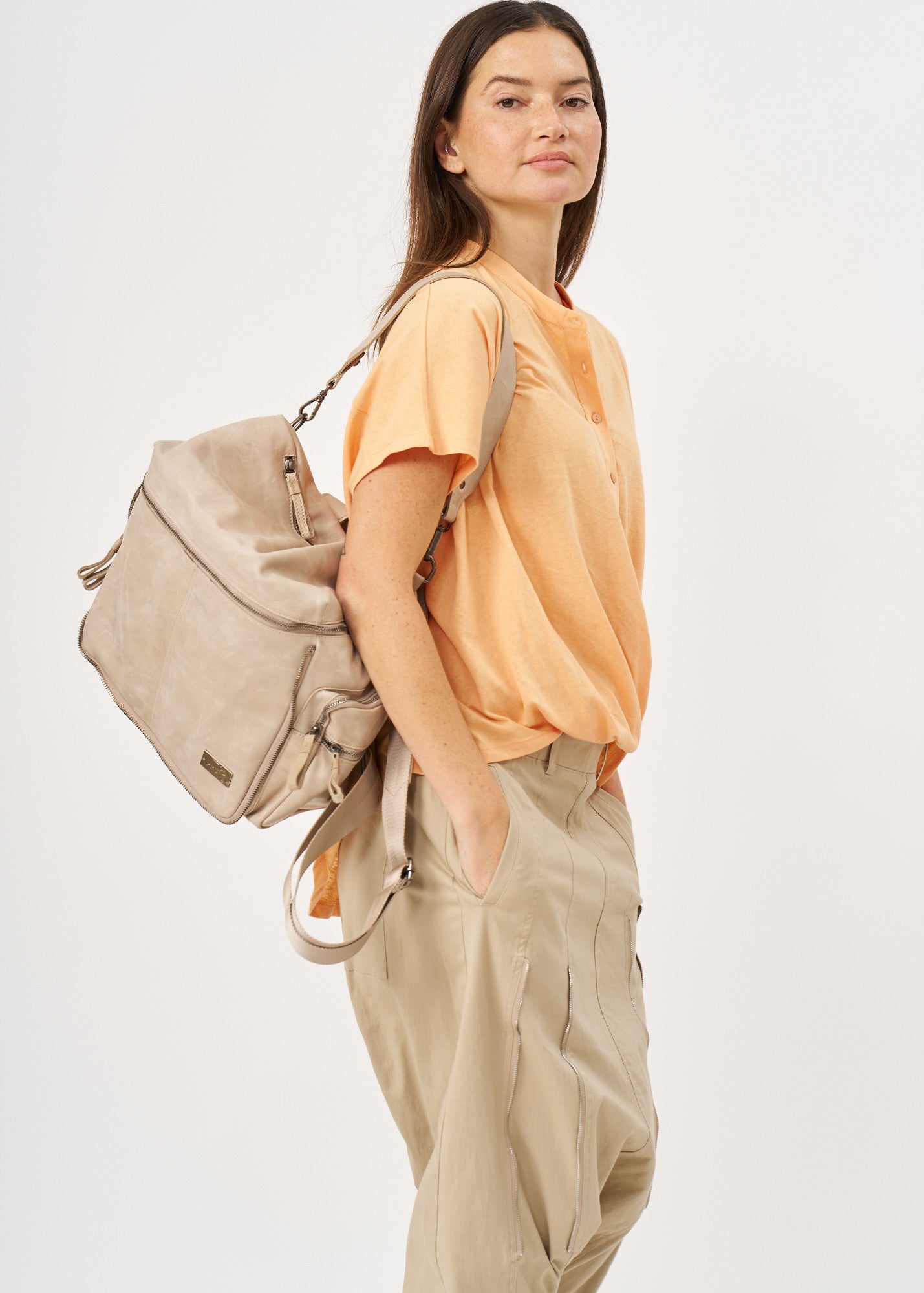 Beige Top Zipper Leather Backpack