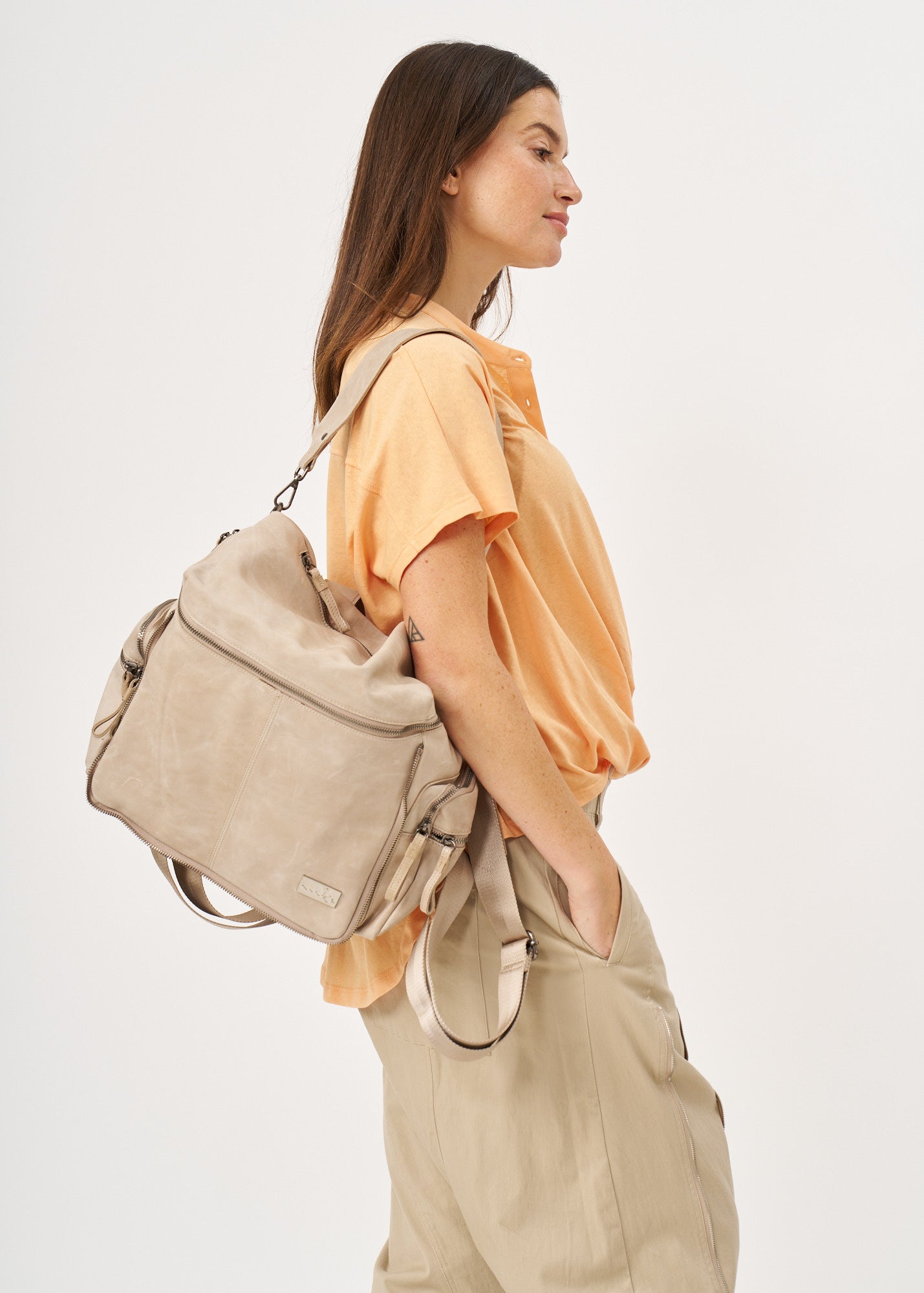 Beige Top Zipper Leather Backpack