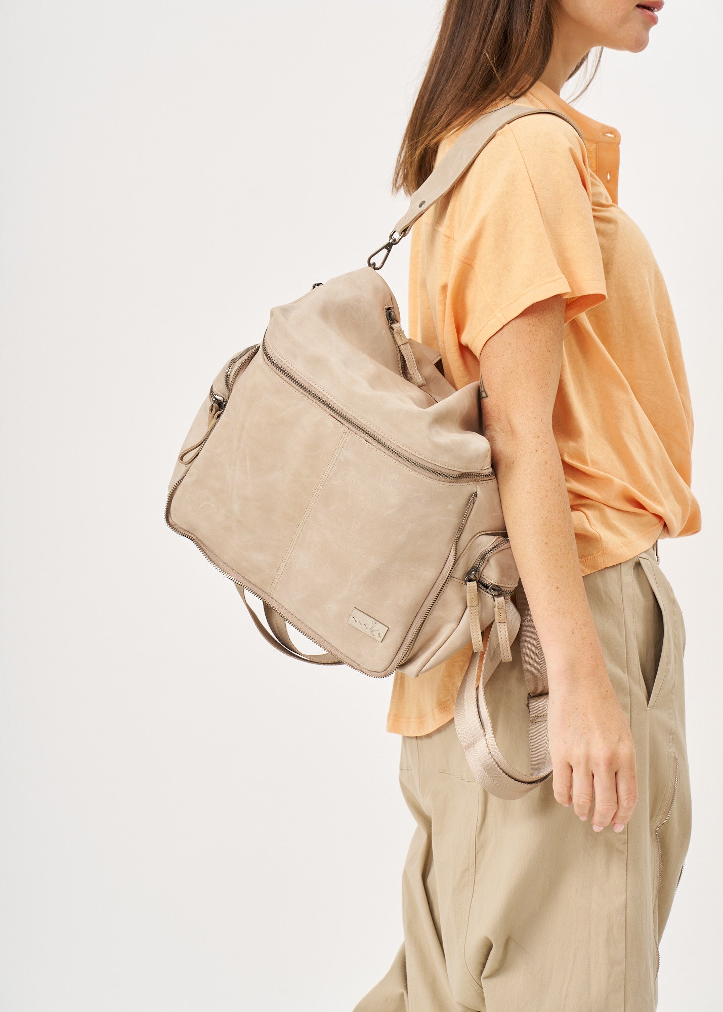 Beige Top Zipper Leather Backpack