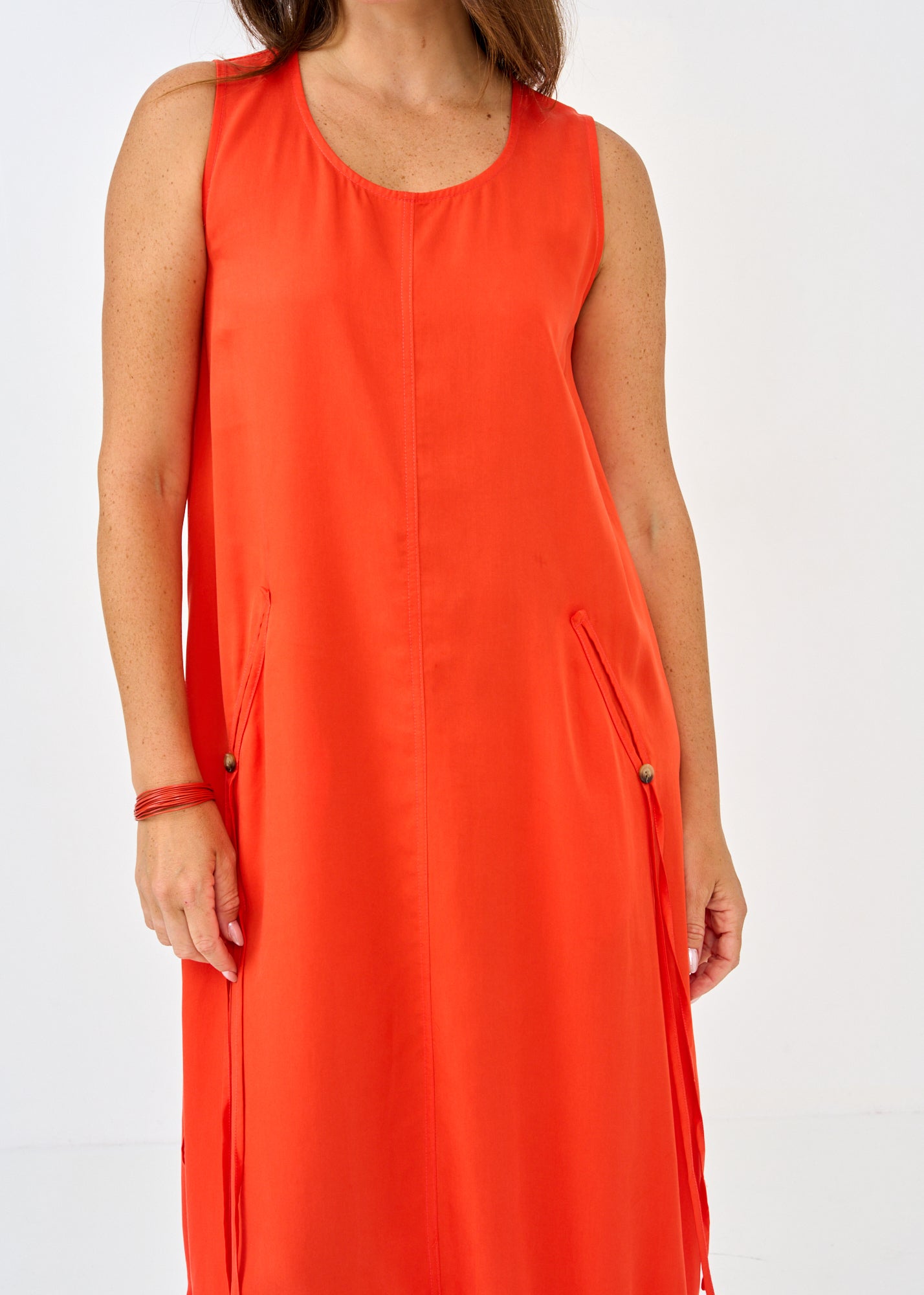 Red Button Pocket Balloon Sleeve Dress