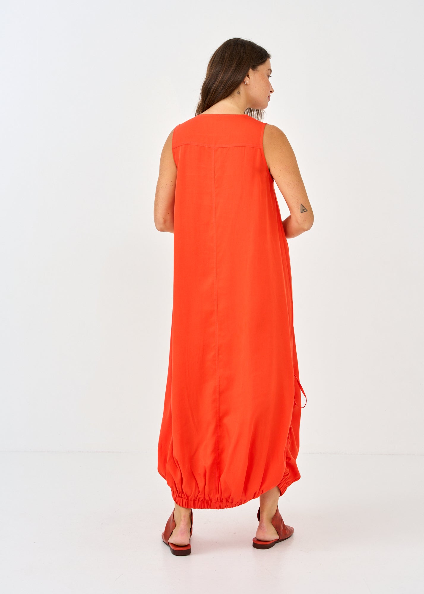Red Button Pocket Balloon Sleeve Dress