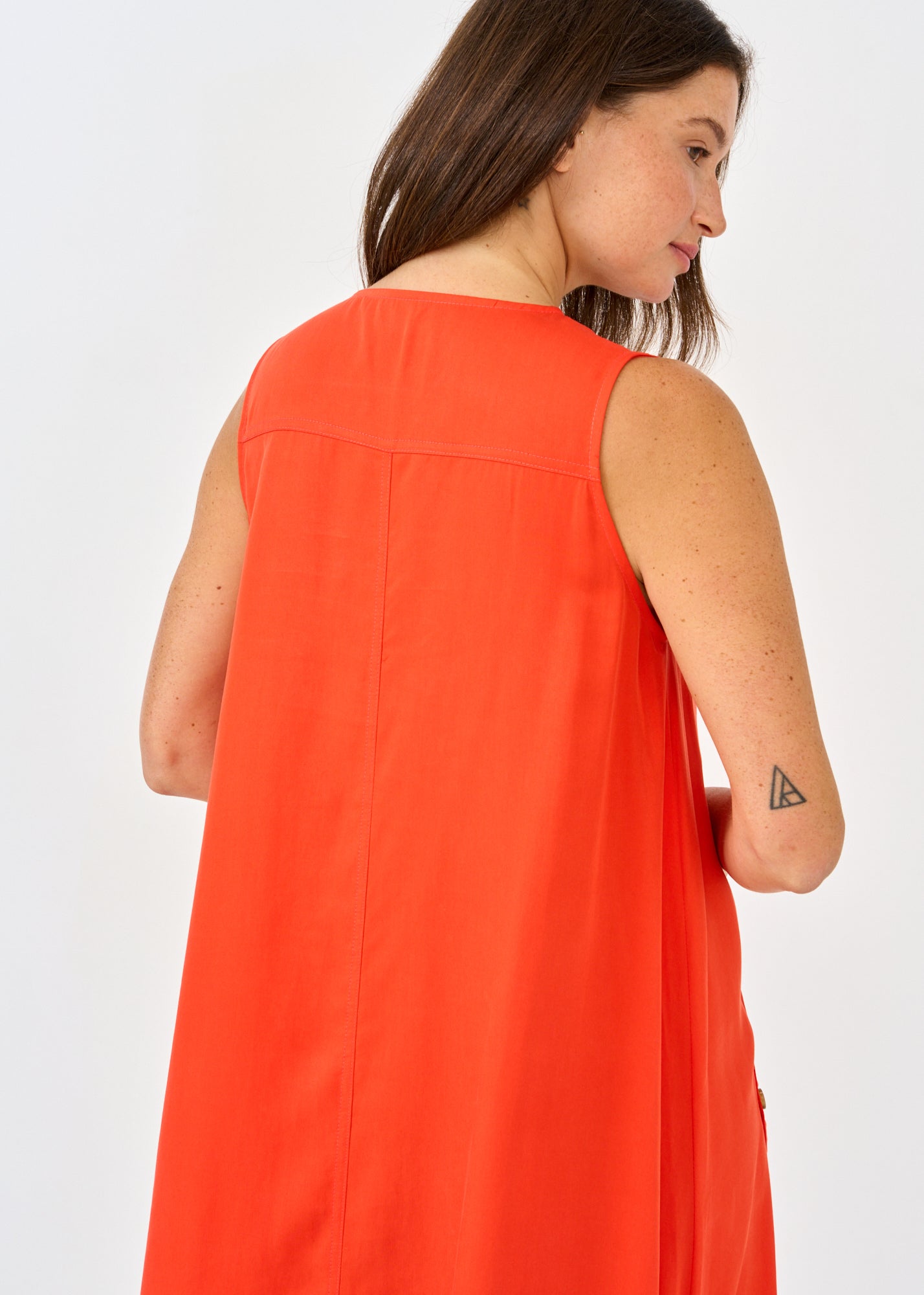 Red Button Pocket Balloon Sleeve Dress