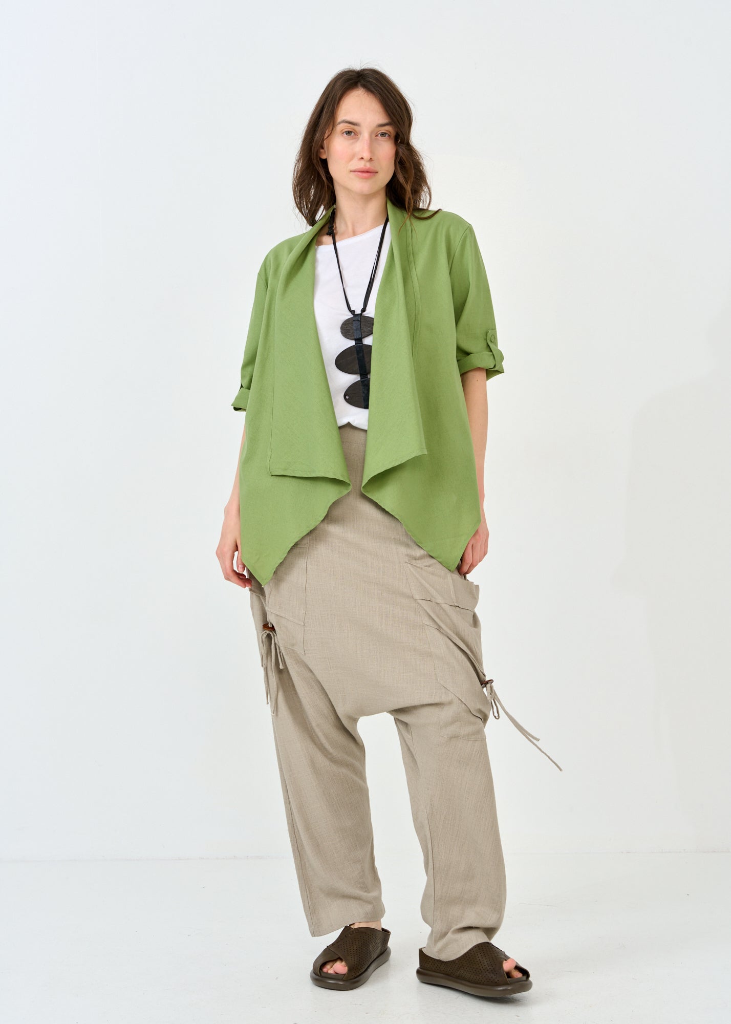 Green open linen top 