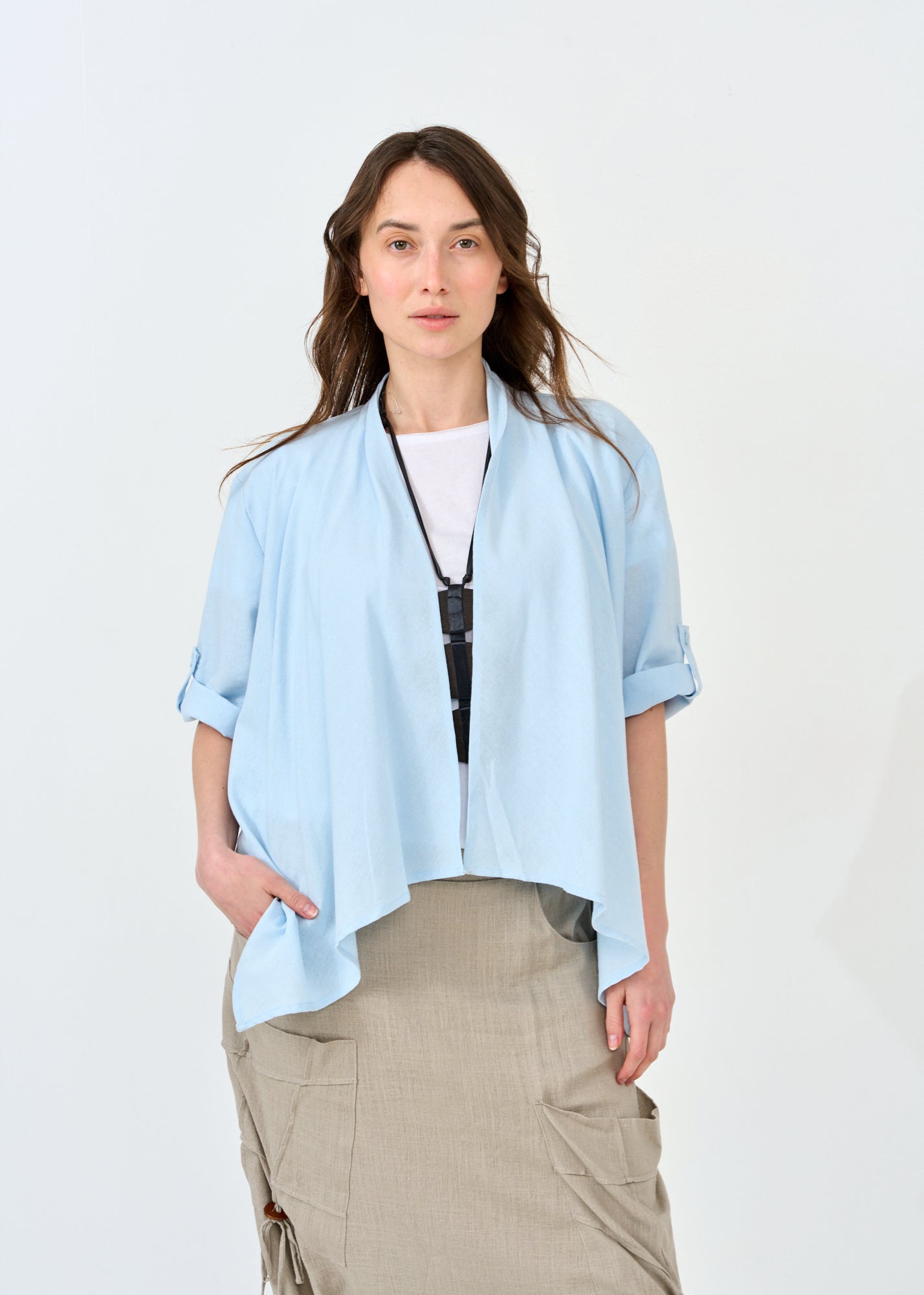 Light blue open linen top 