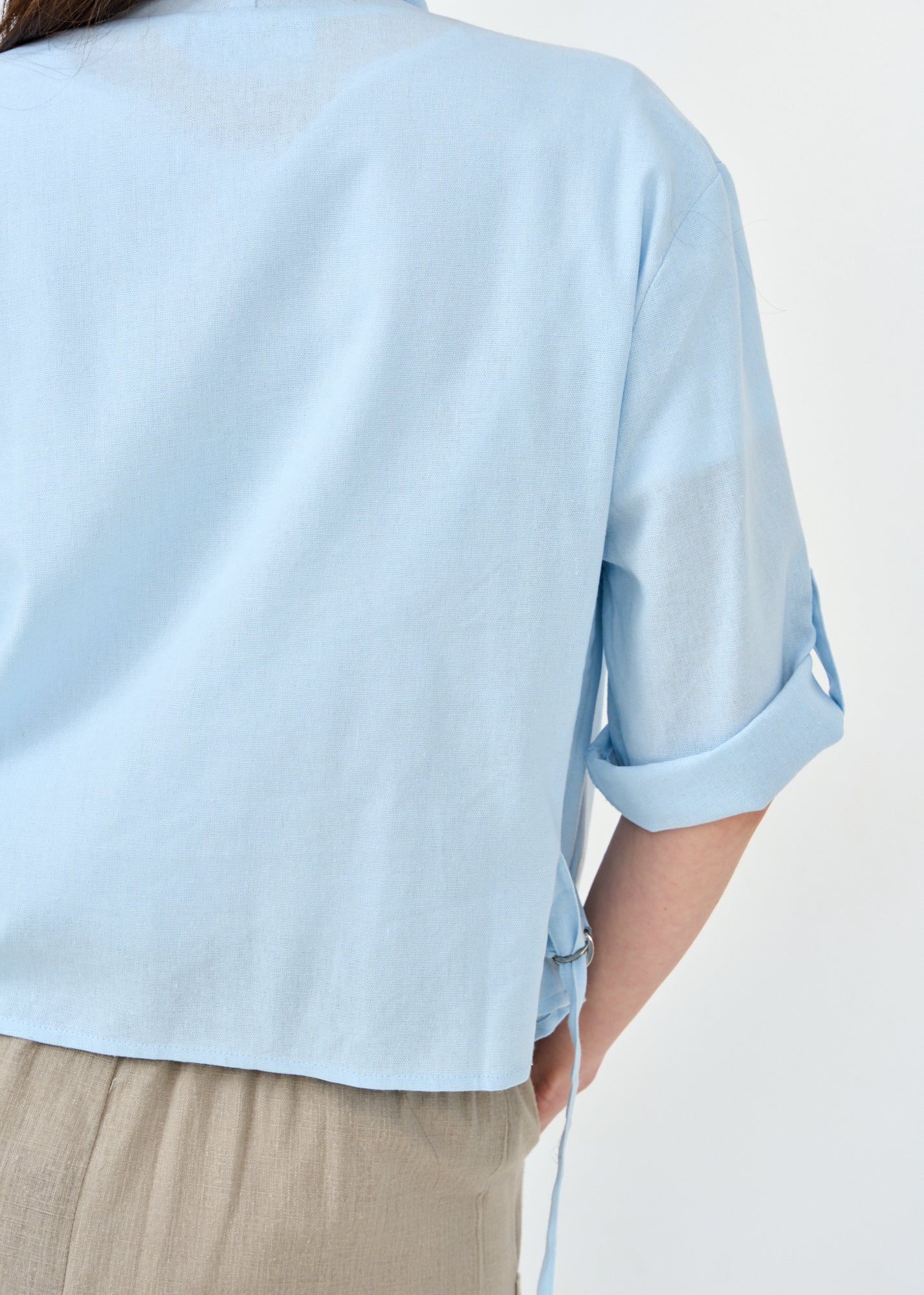 Light blue open linen top 