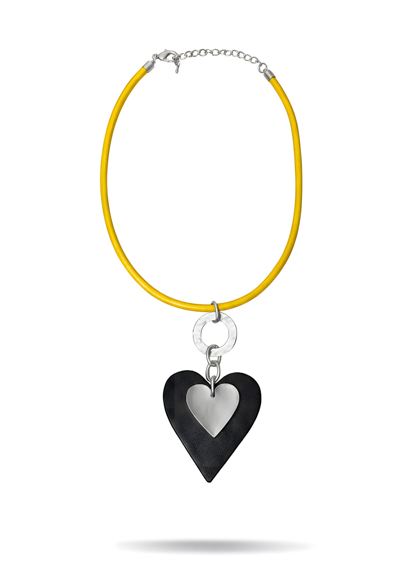 Heart-on-heart leather necklace, yellow leather