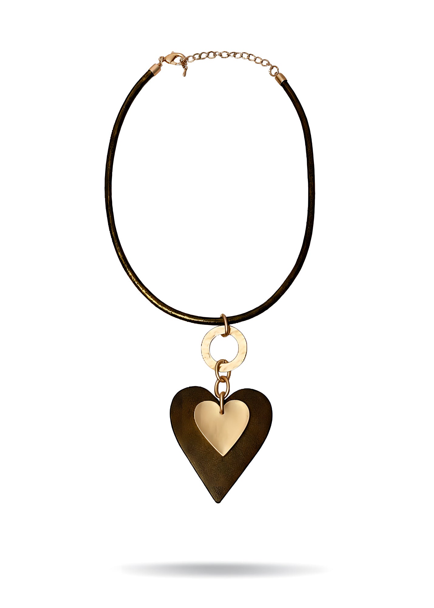 Leather necklace heart on heart gold leather