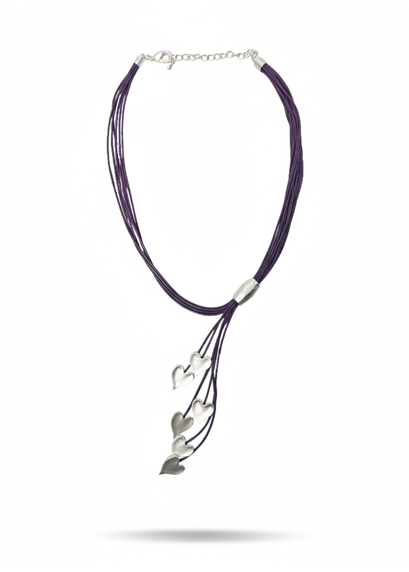 Leather necklace with 6 purple hanging hearts