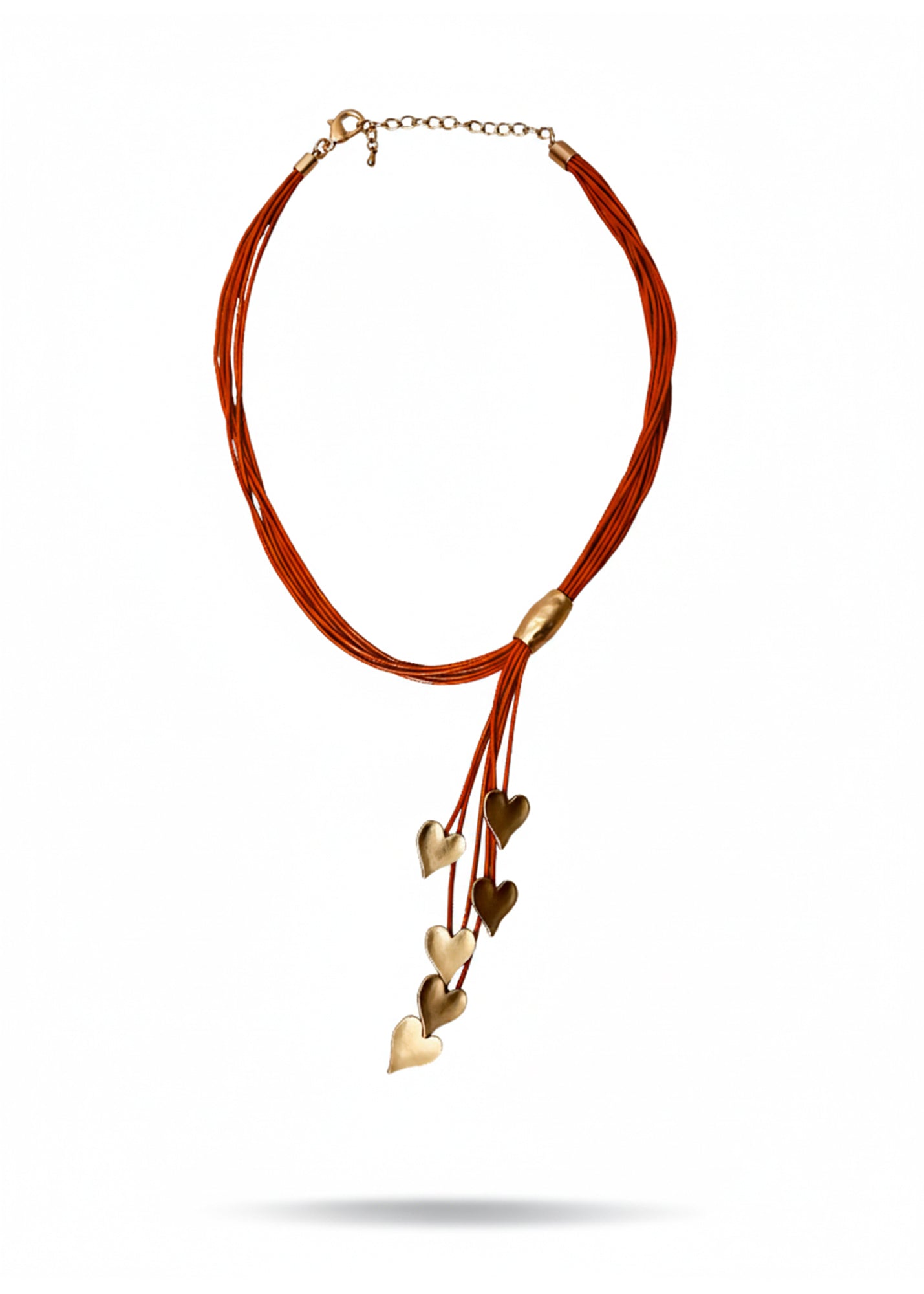 Leather necklace with 6 orange hanging hearts