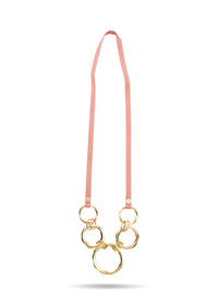 Thick leather strap necklace 5 pink metal rings - 99