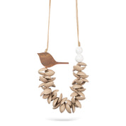 Necklace of painted wooden semicircles and a beige bird