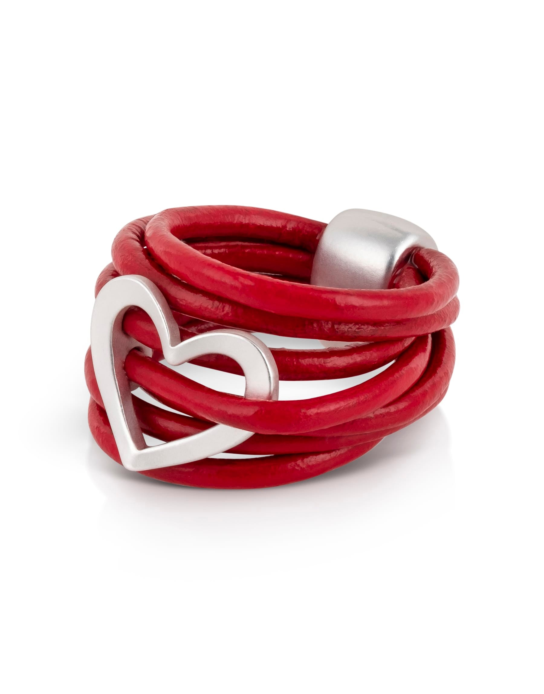 טבעת רצועות עור ולב מתכת אדום