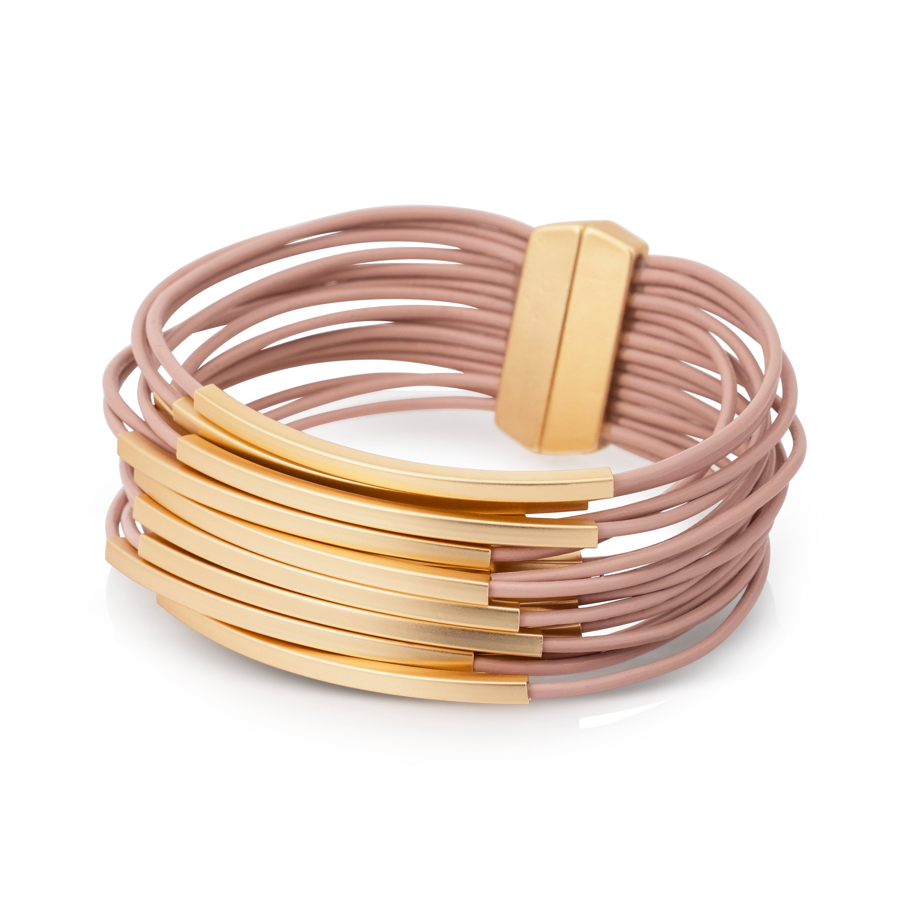 צמיד רצועות עור דקות וטיובים ורוד