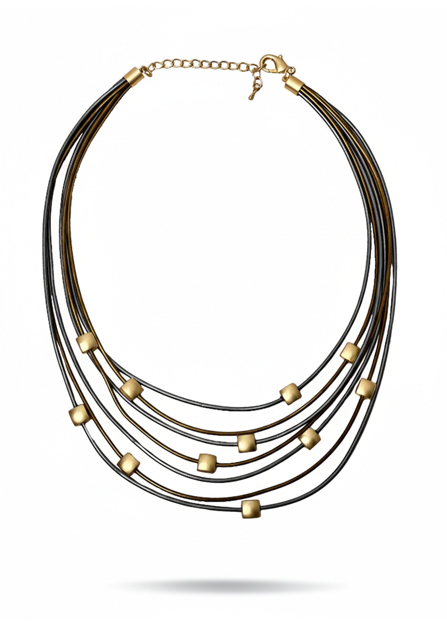 Two-tone leather row necklace with gold metal squares