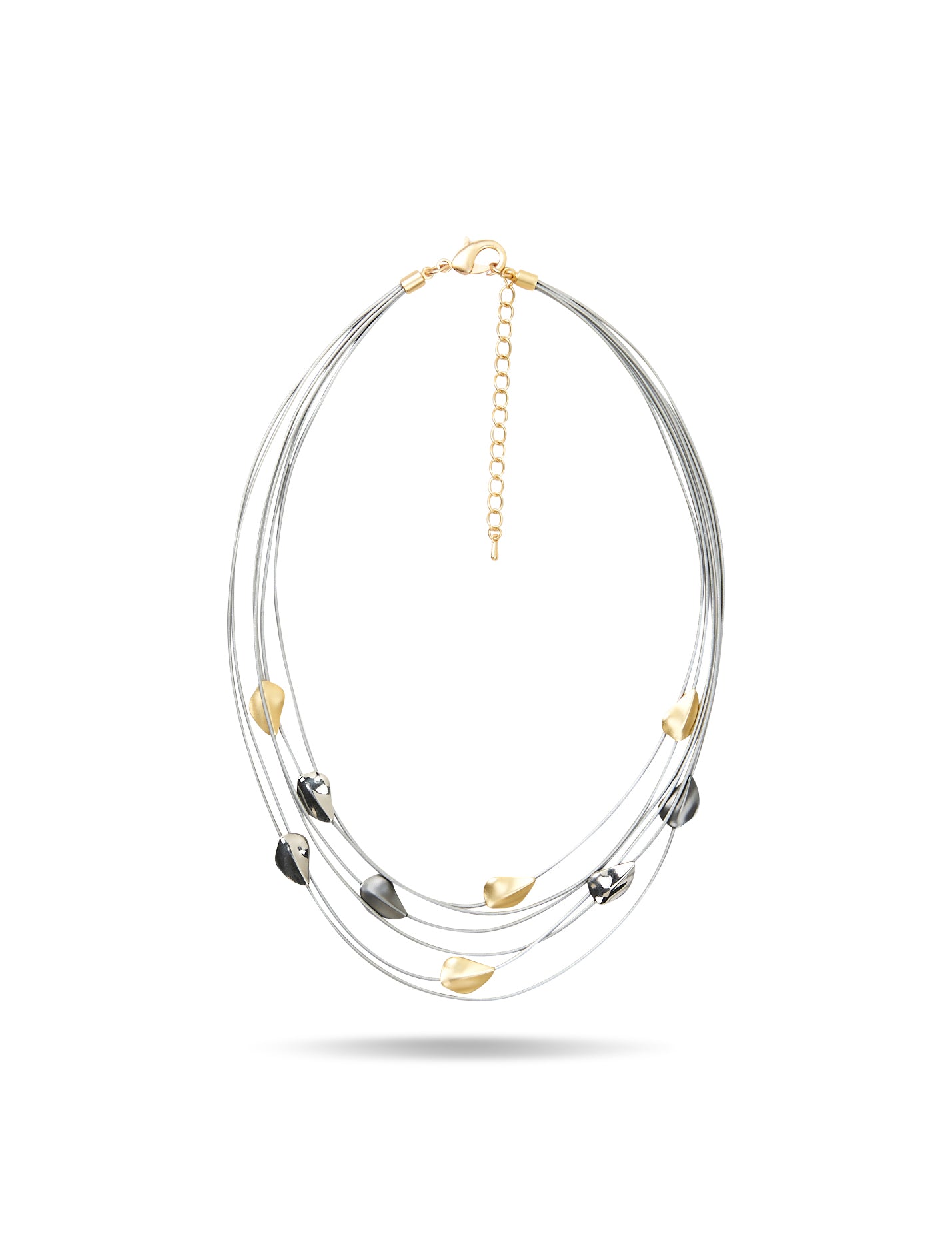 שרשרת חוטי עור ועלי כסף וזהב אפור בהיר