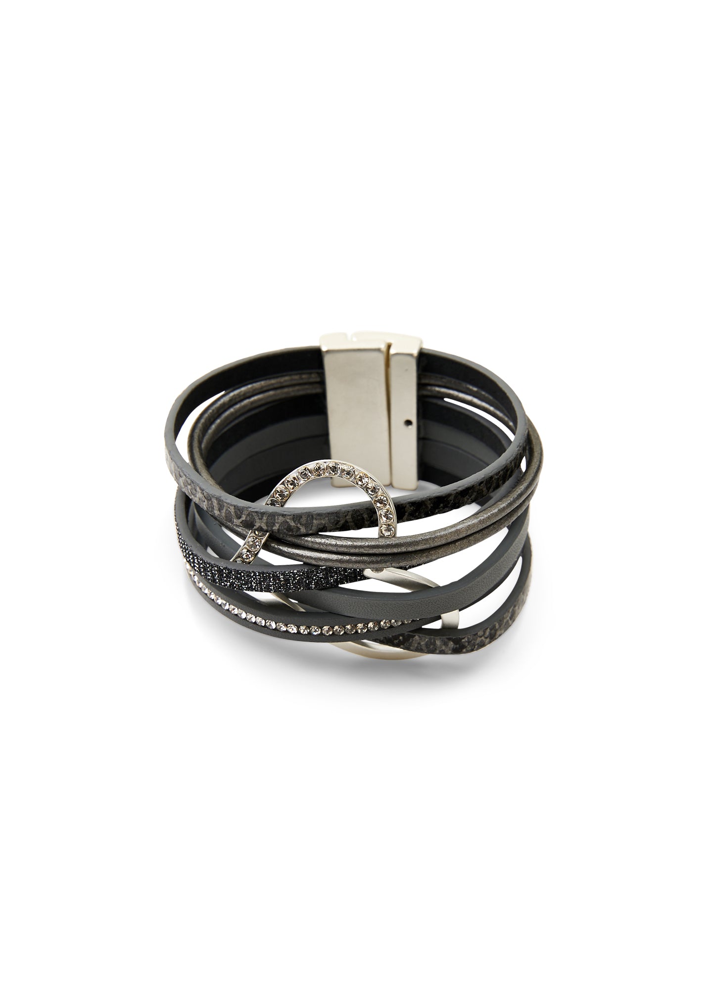 Large dark gray heart and leather strap bracelet