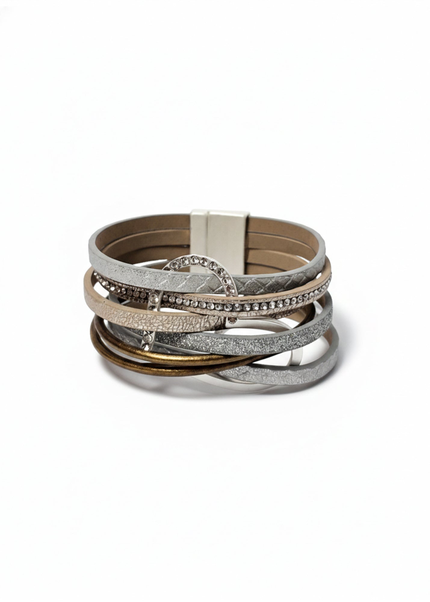 צמיד רצועות עור ולב גדול זהב