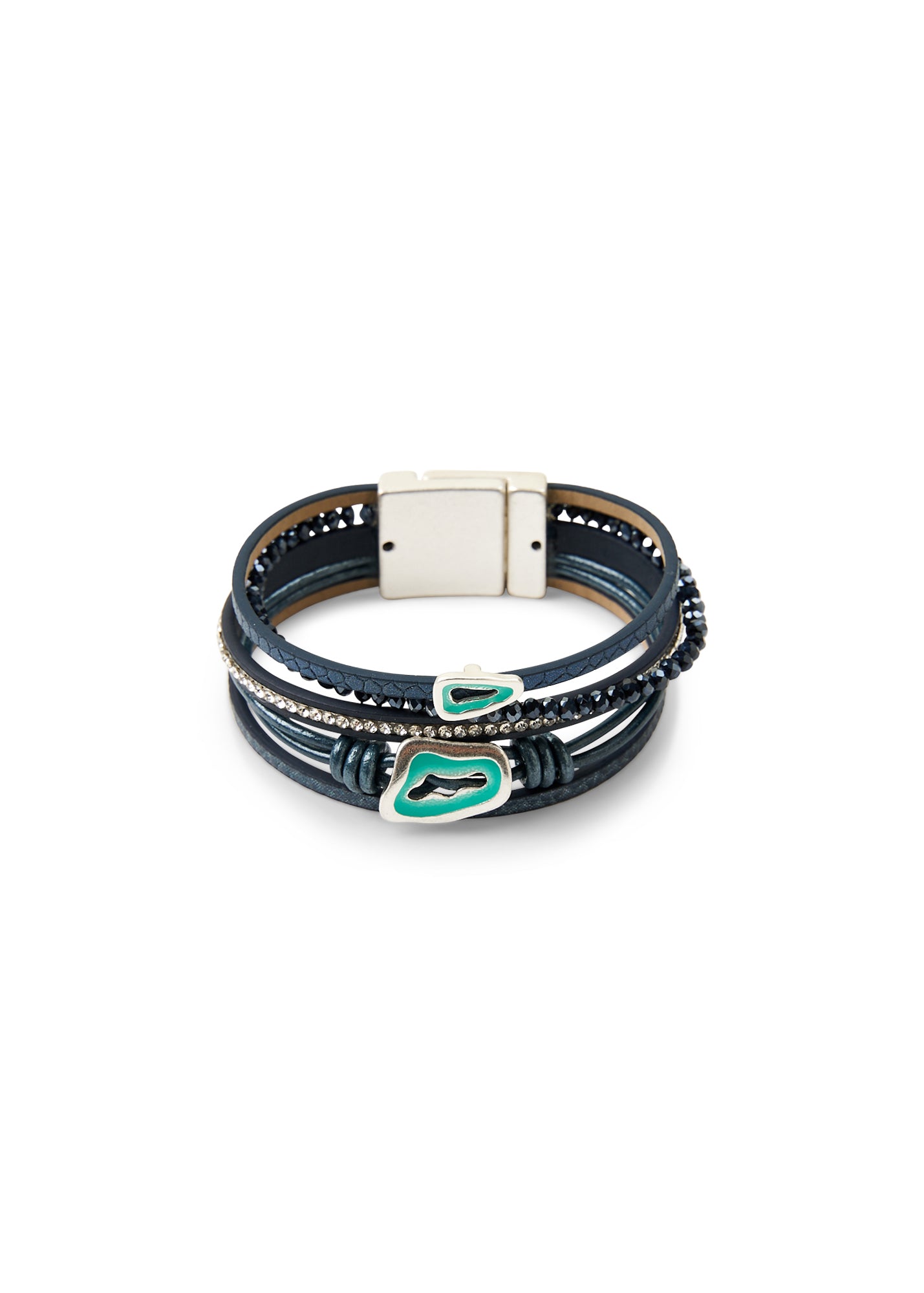 Bracelet combining leather straps and shapes in dark blue colors