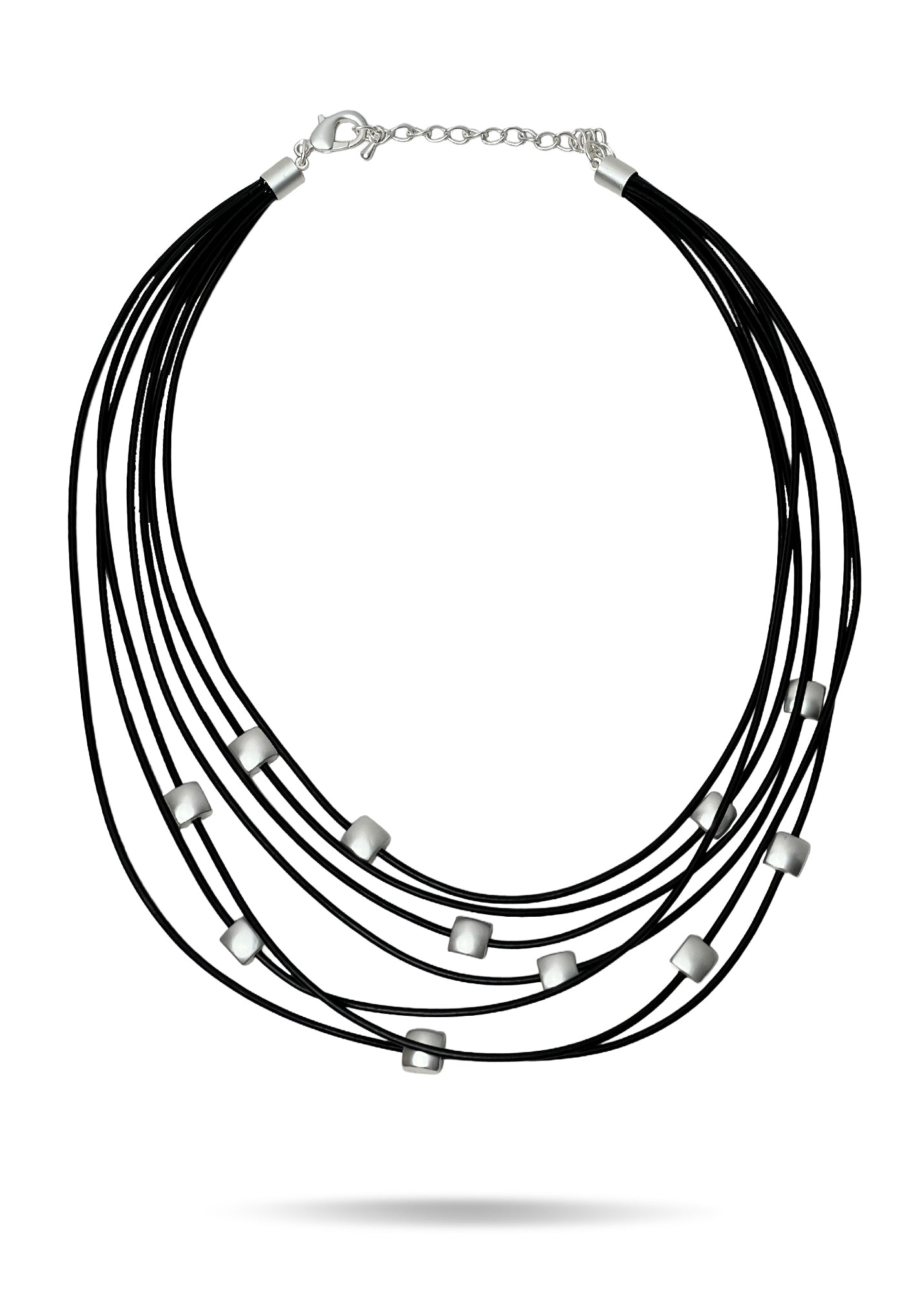 Black leather and metal square row necklace