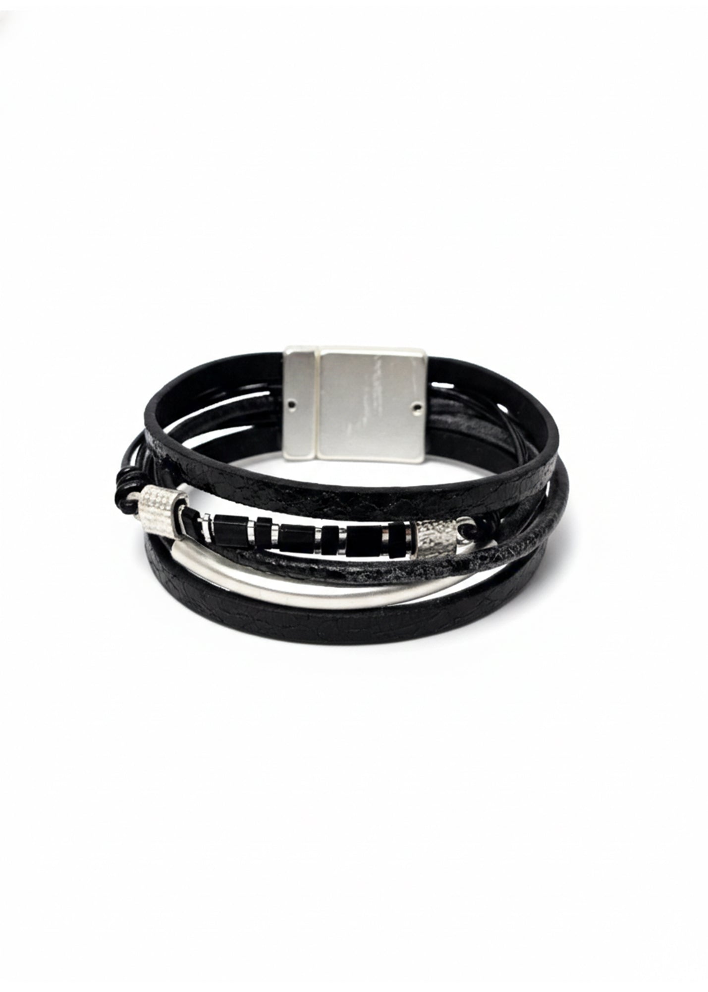 Leather row bracelet, combination of tube and square beads, black