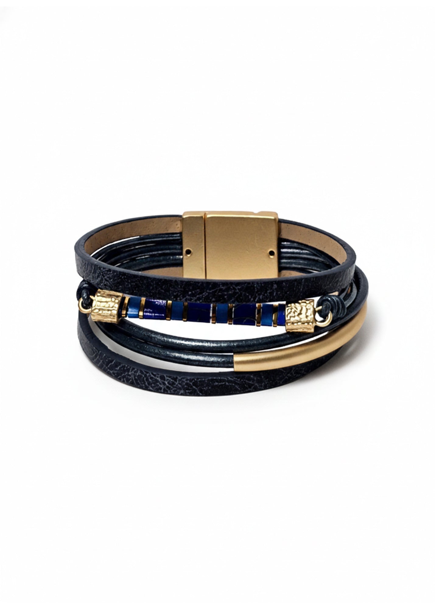 Leather bracelet with a combination of tube and square beads, dark blue