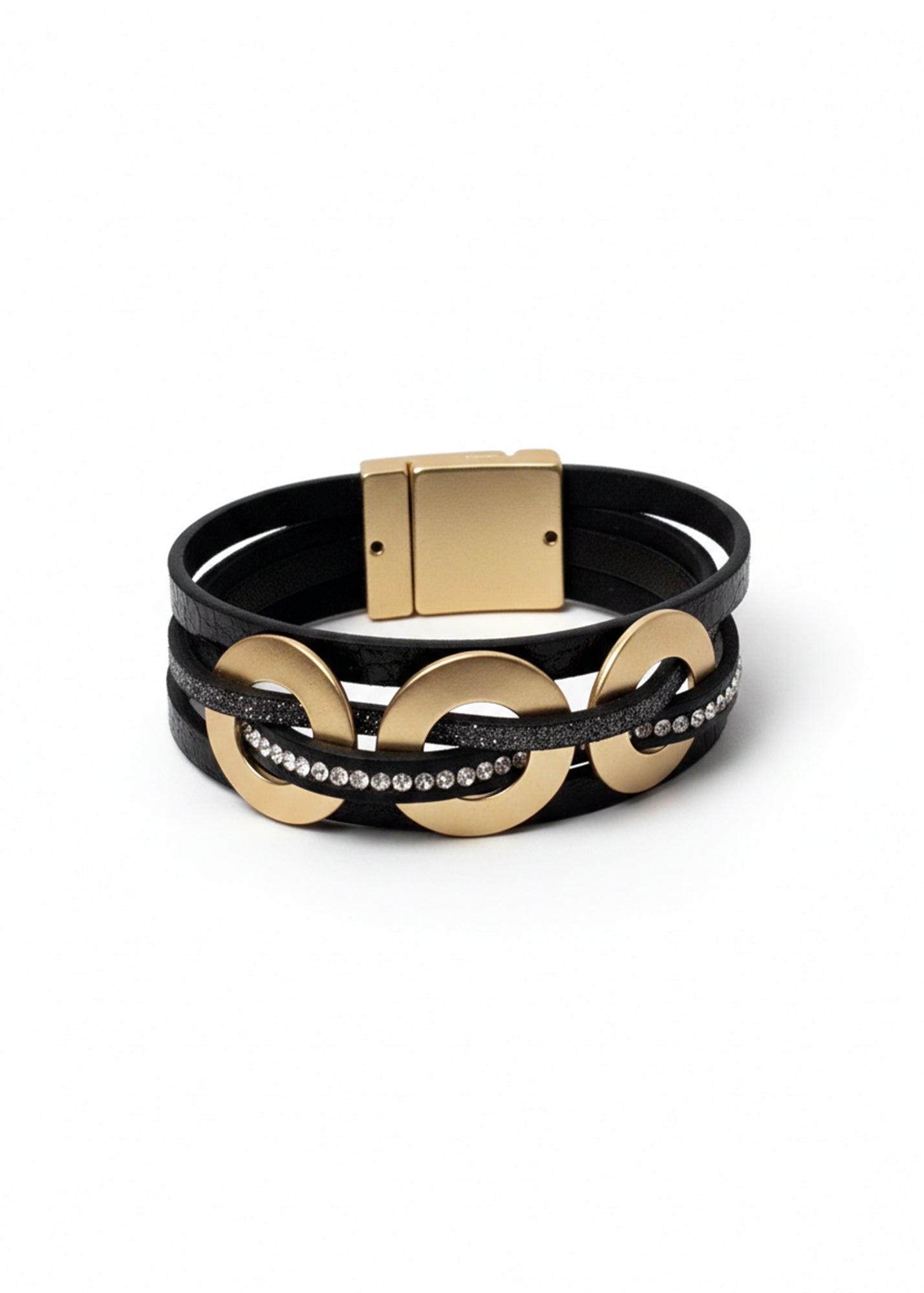 Black leather bracelet with intertwined circles