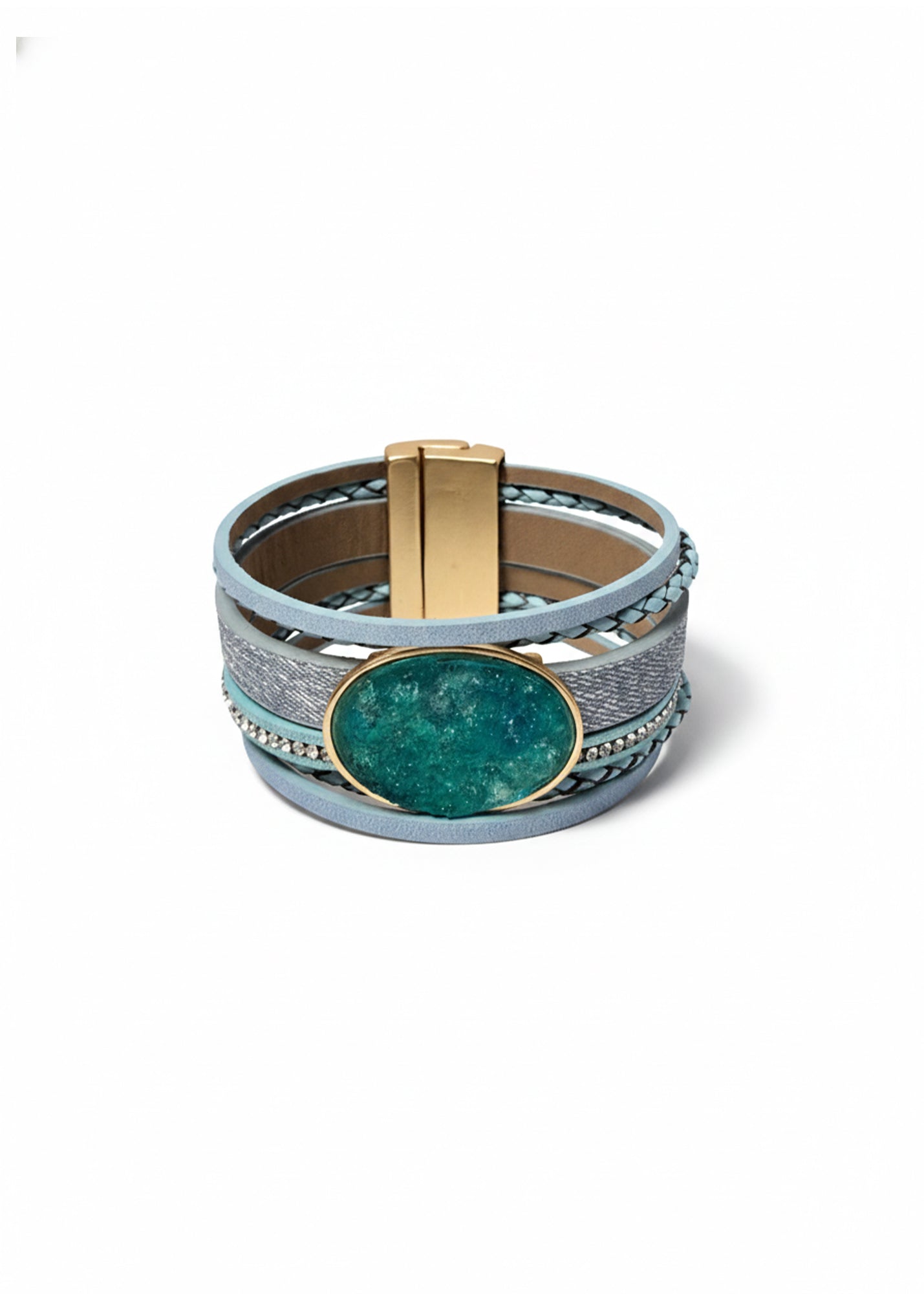 Bracelet with rows of different types of leather and a light blue stone-like element