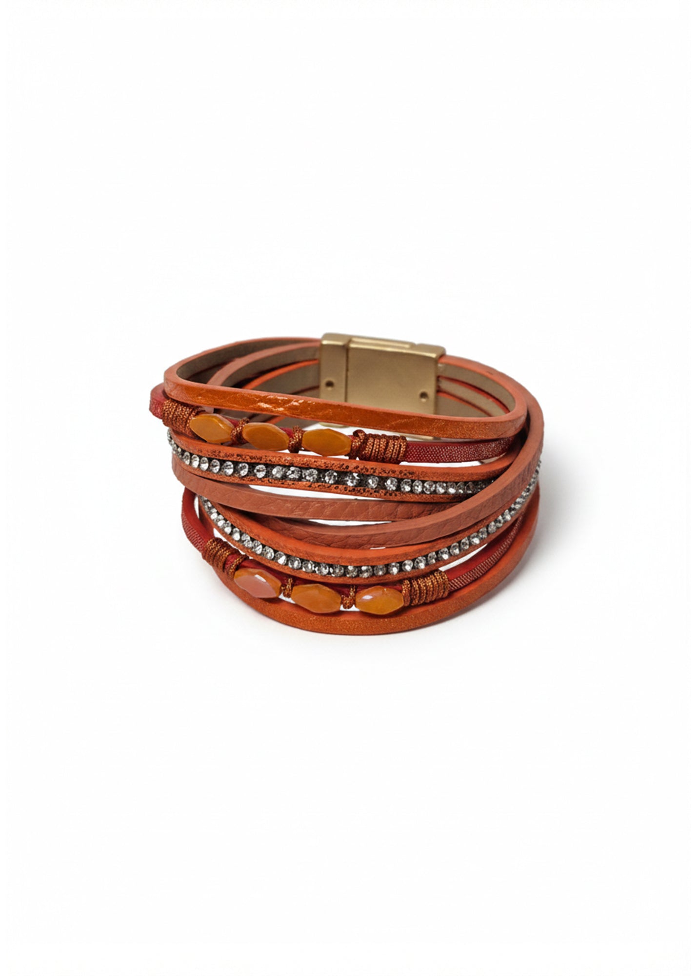 Bracelet combining different types of leather and small orange stones