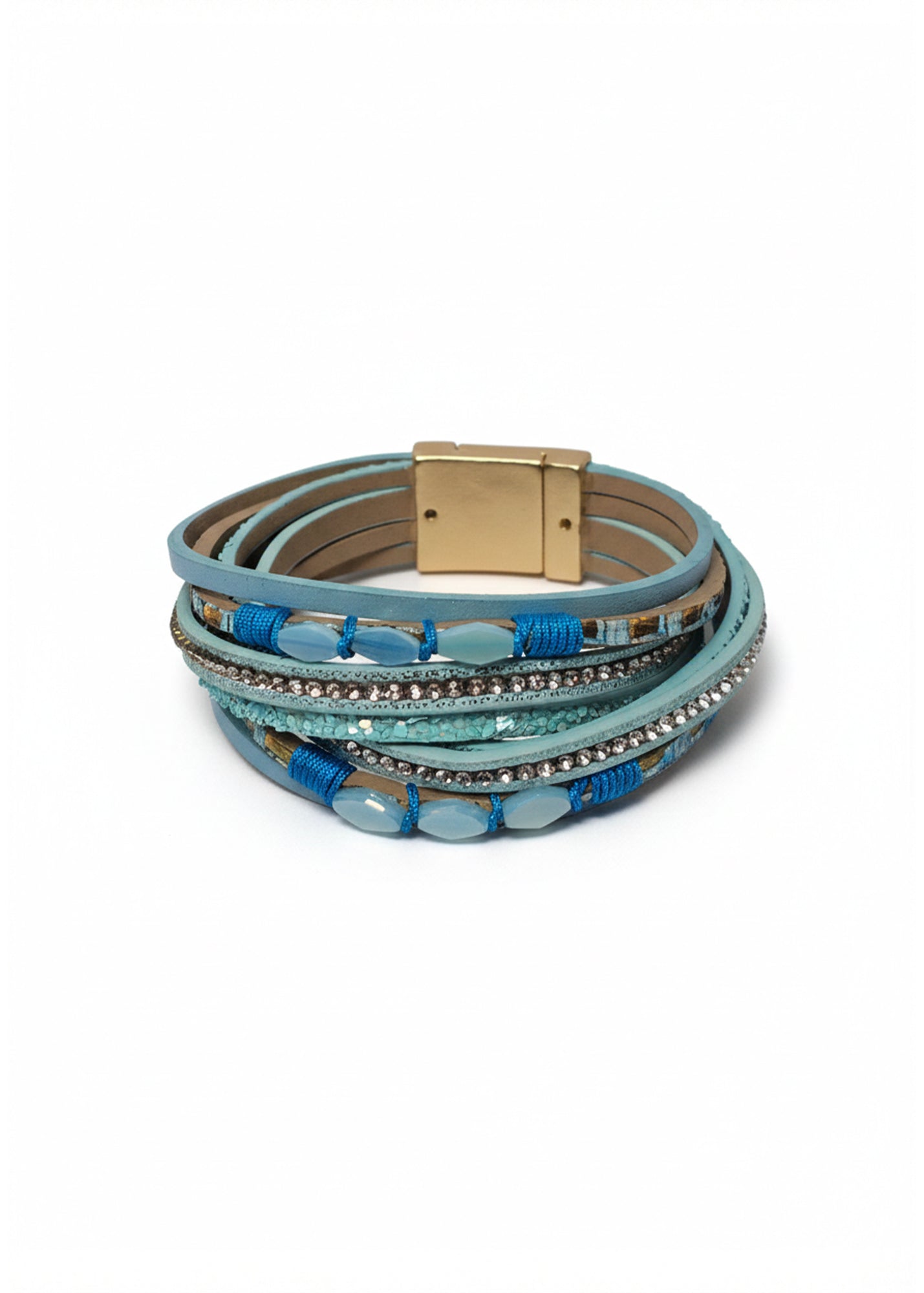 Bracelet combining different types of leather and small turquoise stones