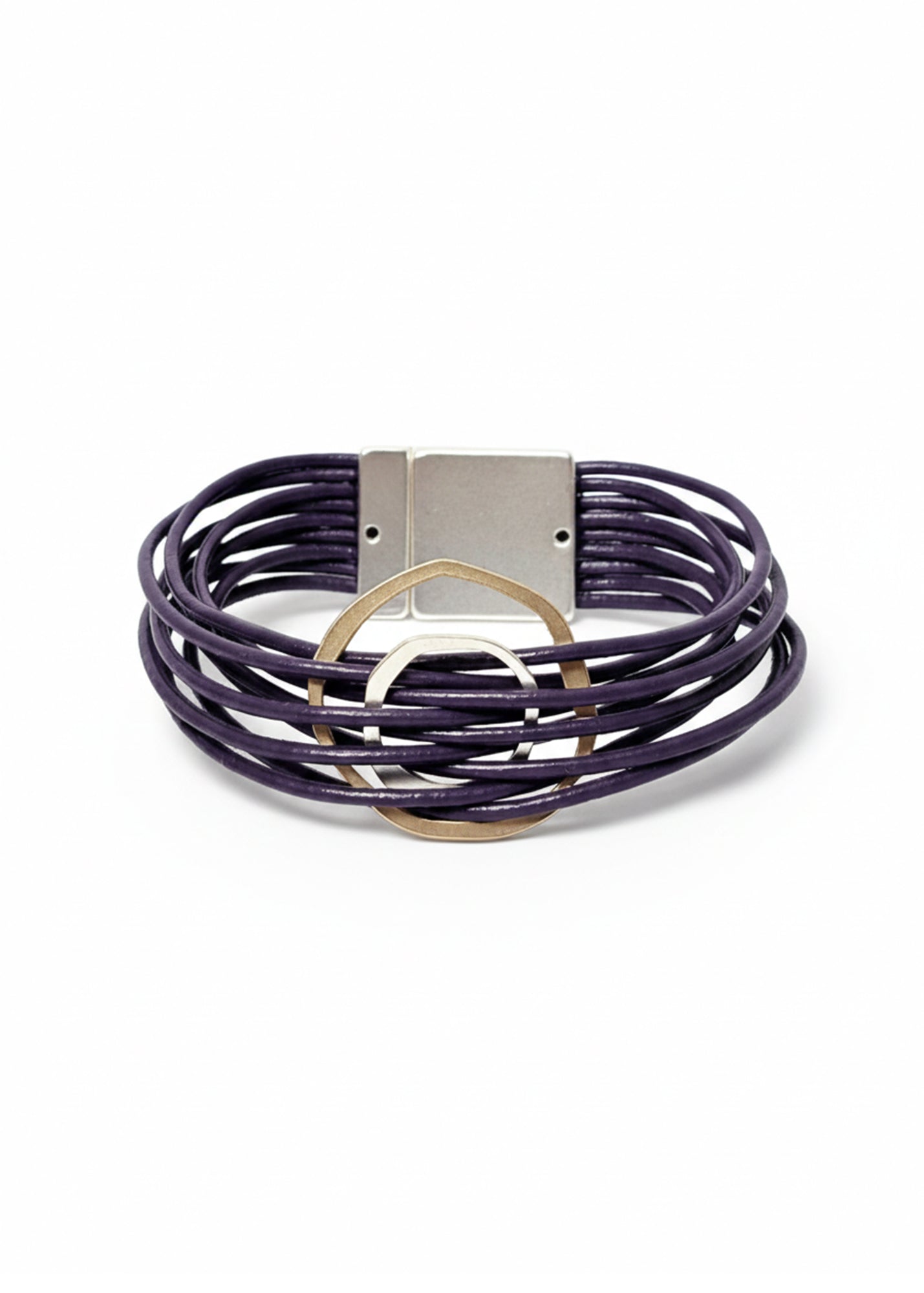 Bracelet with thin leather cords and two asymmetrical purple circles