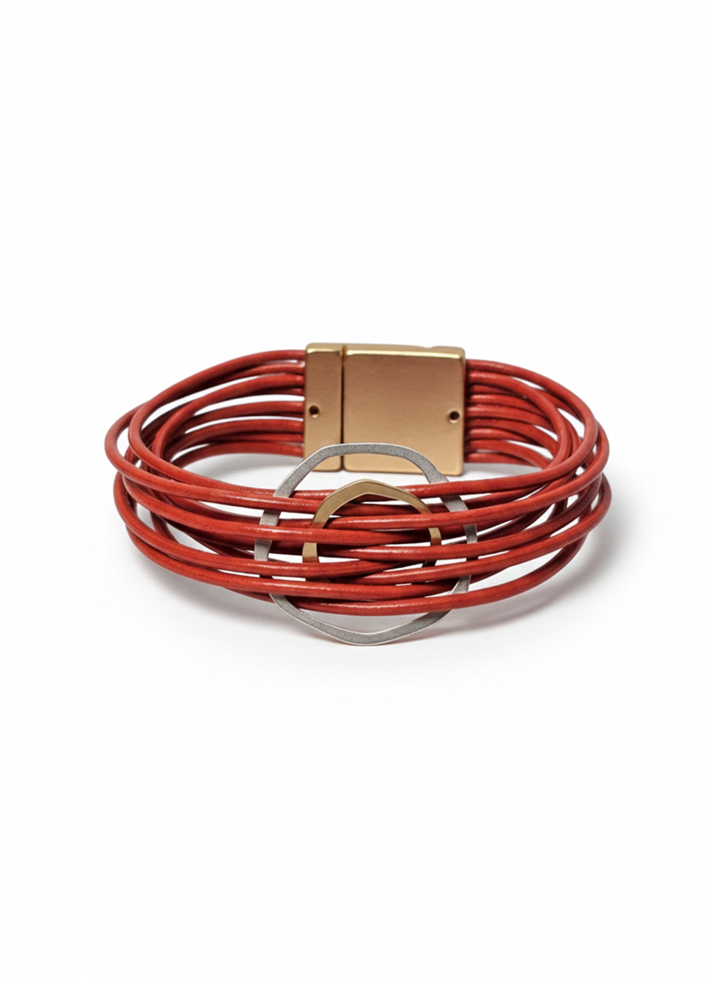 Bracelet with thin leather cords and two asymmetrical orange circles