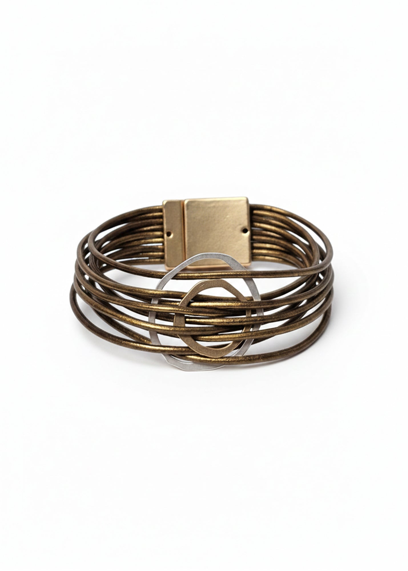 Bracelet with thin leather cords and two asymmetrical gold circles