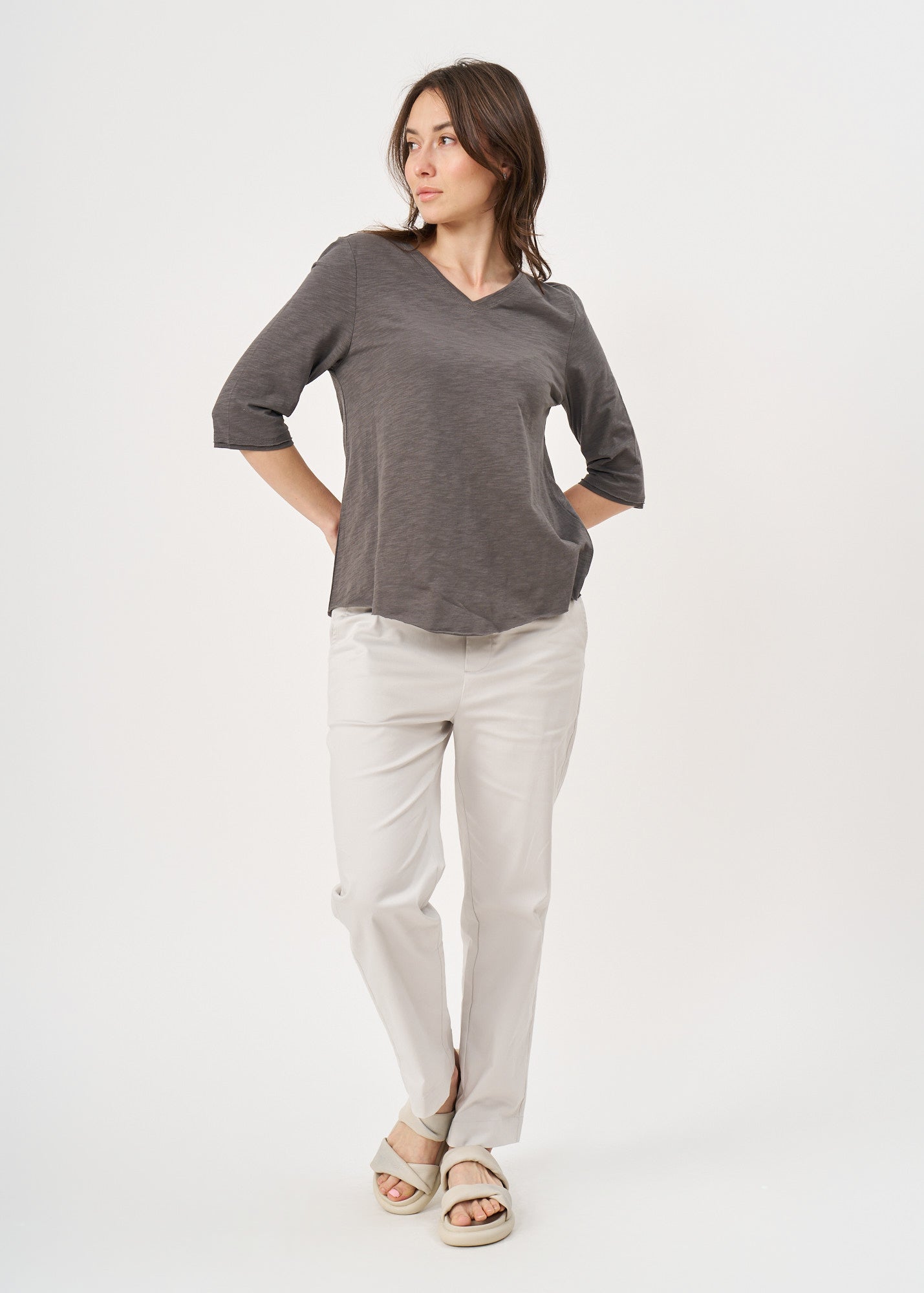 Dark gray triangle extension 3/4 sleeve V-neck T-shirt