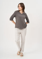 Dark gray triangle extension 3/4 sleeve V-neck T-shirt