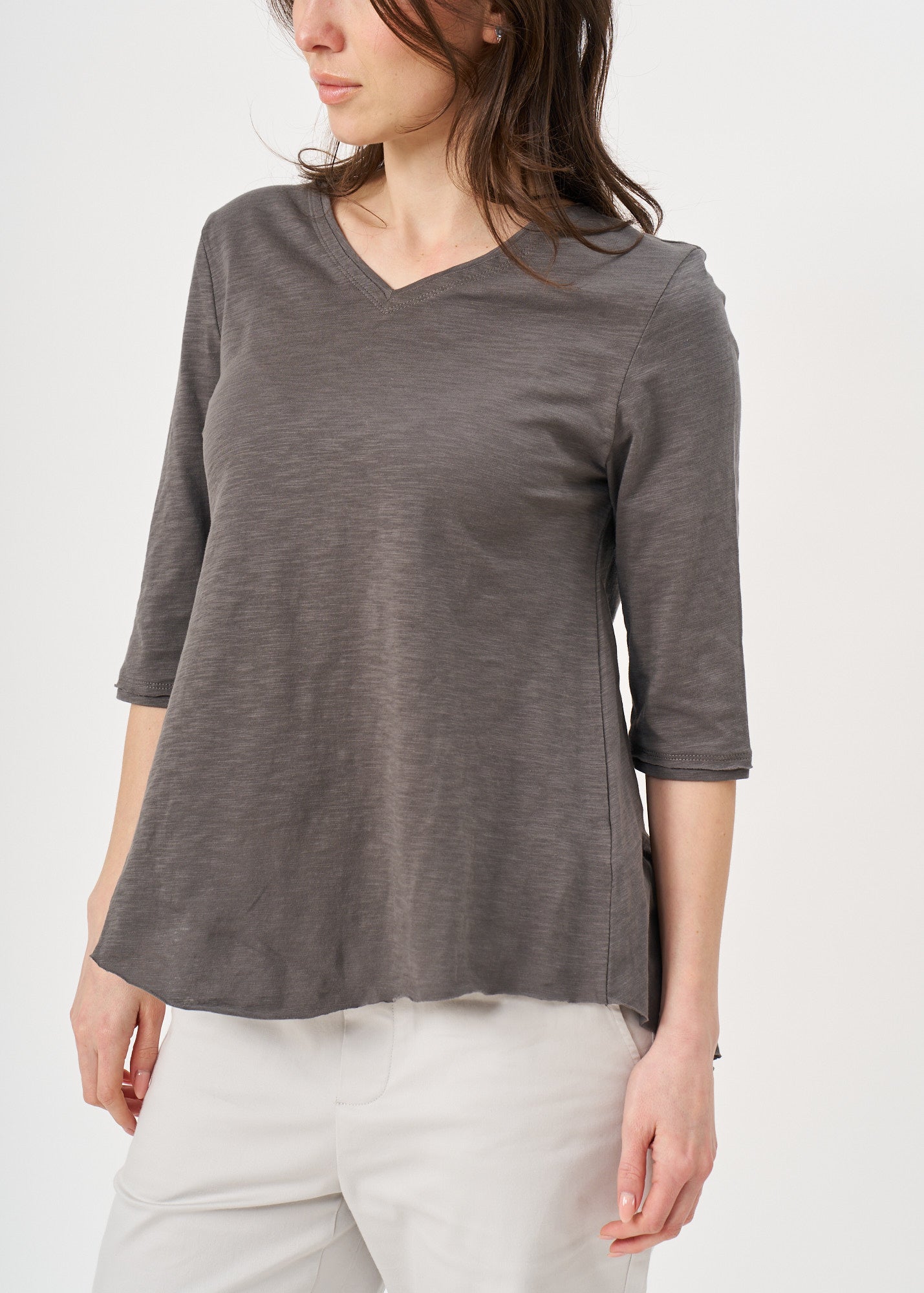 Dark gray triangle extension 3/4 sleeve V-neck T-shirt